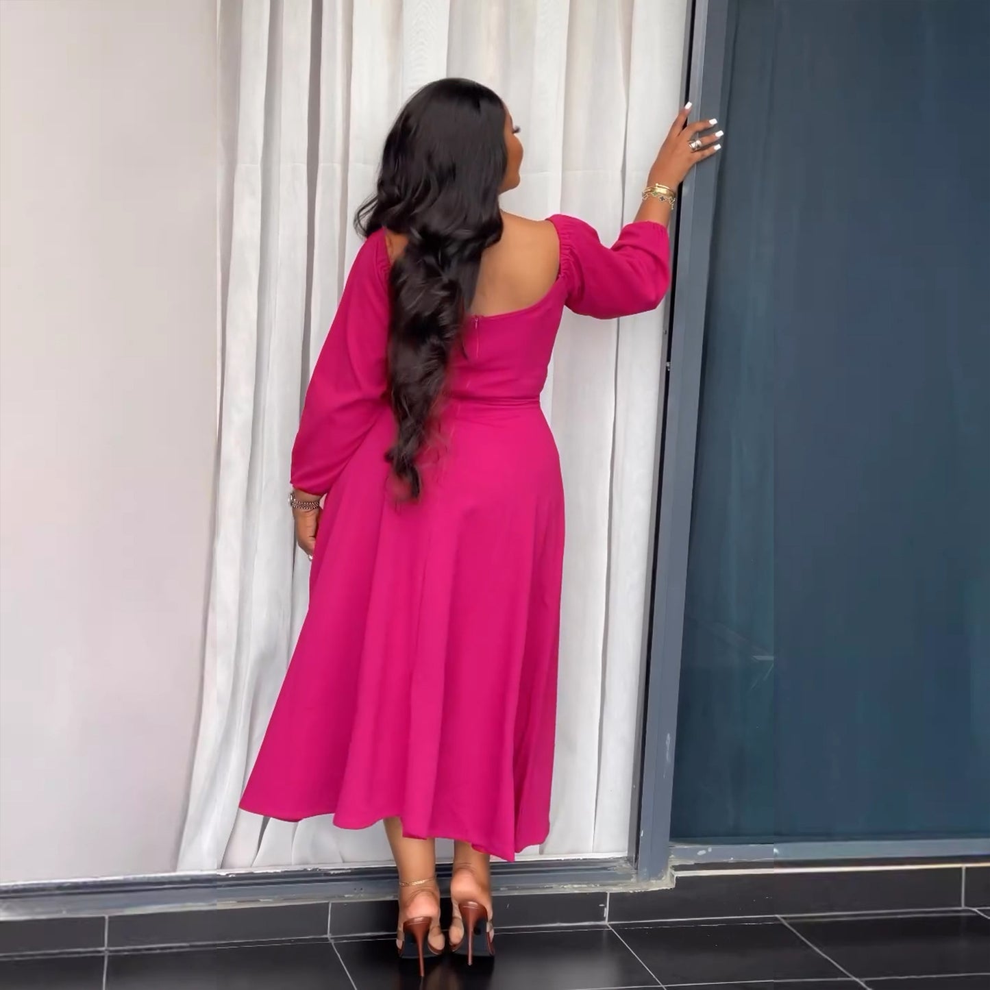 Women's Drawstring Square Neck Maxi Dress