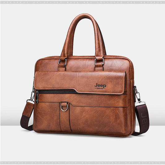 BEST SELLER JEEP BULUO Men Briefcase Split Leather HandbagăBlack, Khaki and Brownă