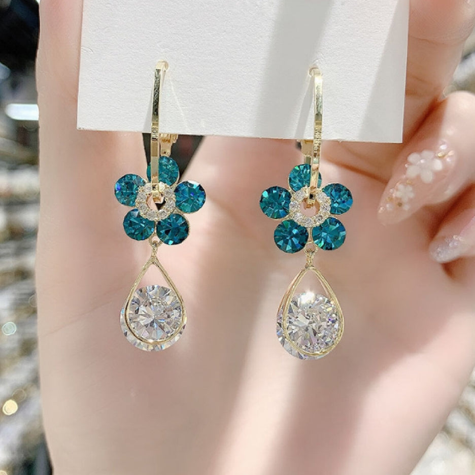 Fashion Blue Crystal Flower Earrings