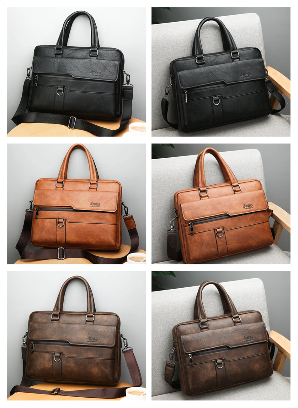 BEST SELLER JEEP BULUO Men Briefcase Split Leather Handbag【Black, Khaki and Brown】